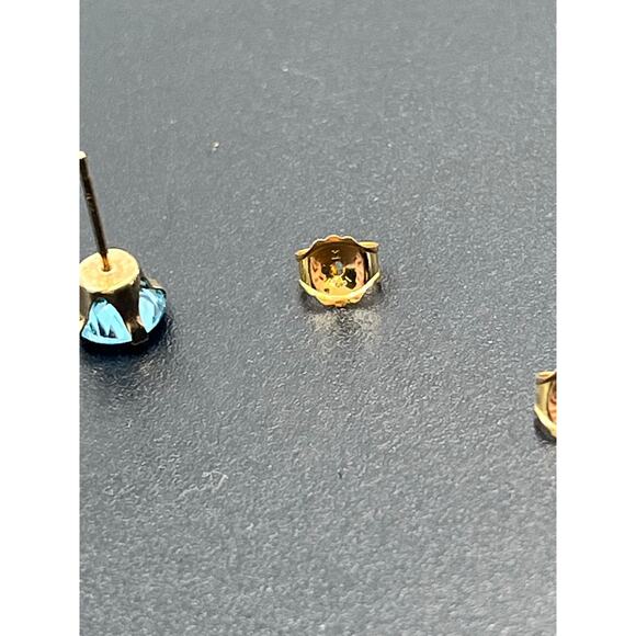 Designer Signed‎ Yellow Gold 10k Prong Swiss Blue Topaz Earring 14k Backs 6mm - Picture 9 of 14